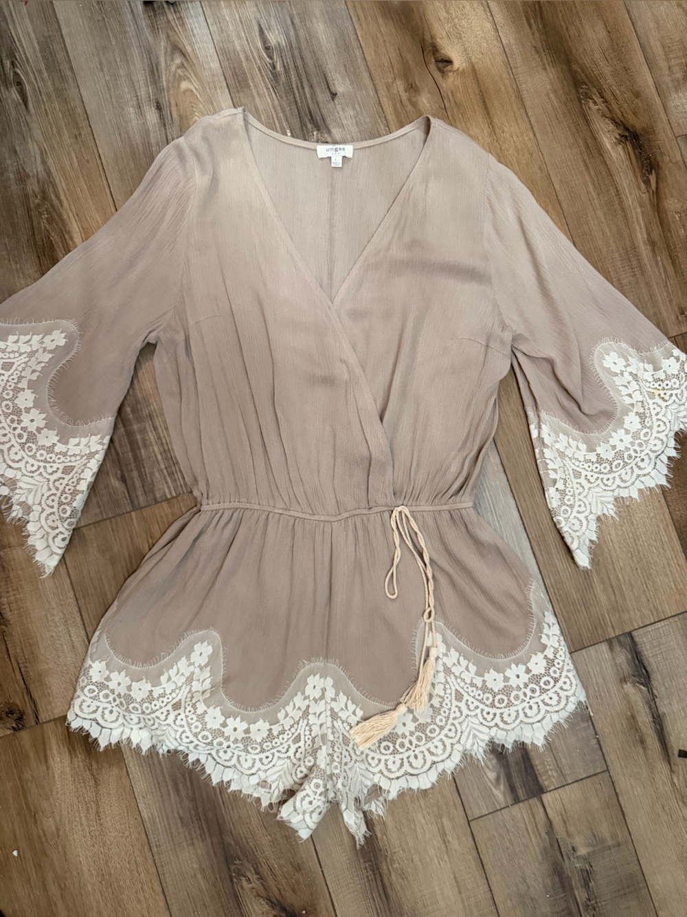 Umgee Taupe Jumpsuit with White Lace Trim